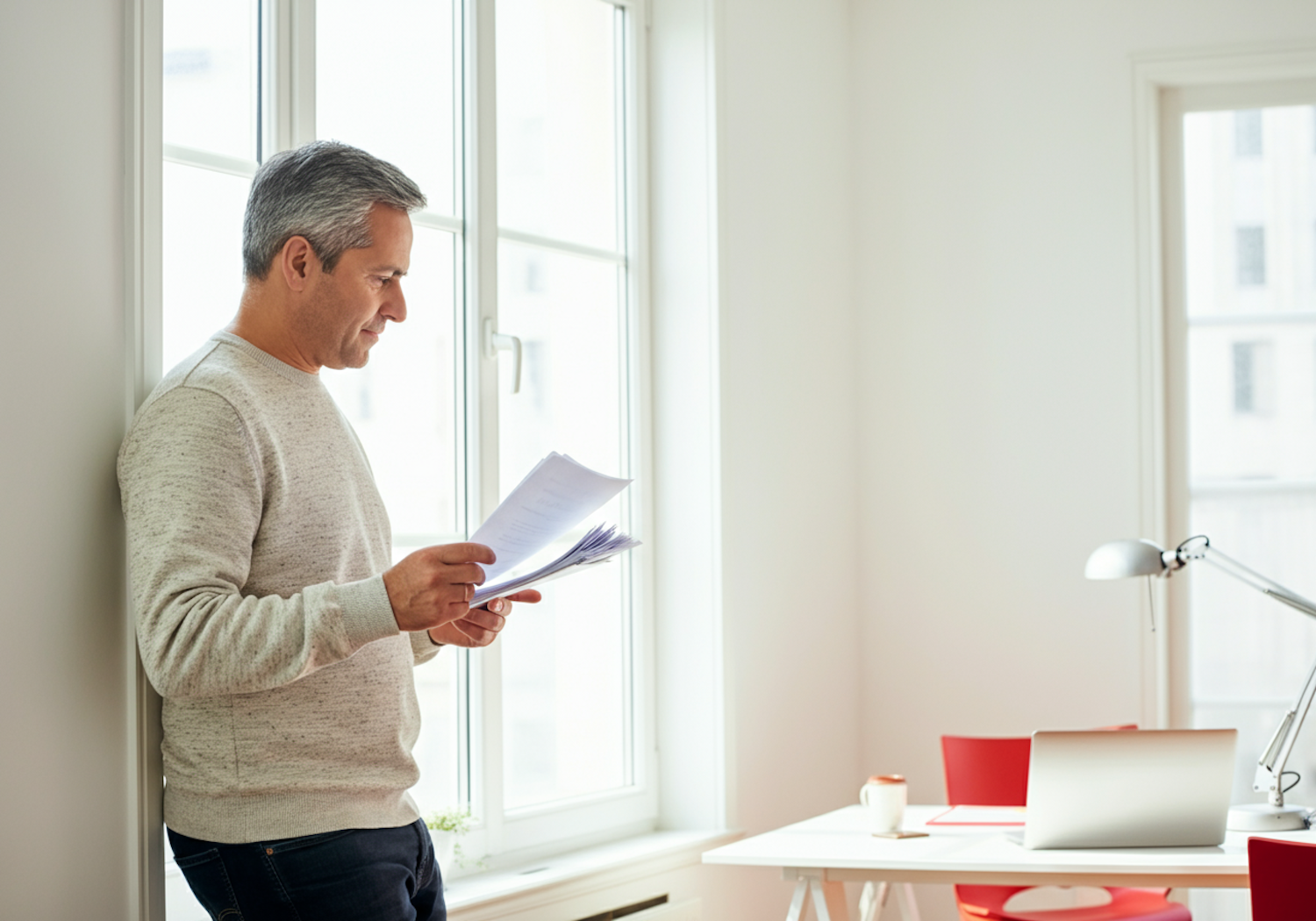 Worker reading documents at a desk, considering their legal options