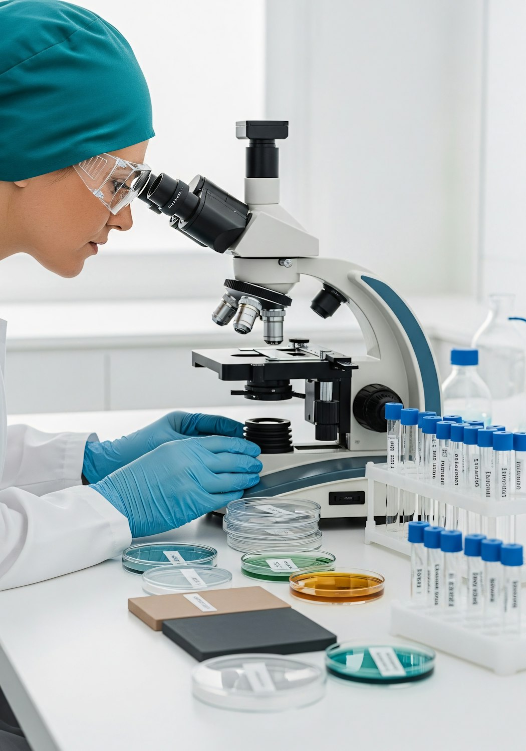 Scientist at laboratory workbench with microscope and equipment