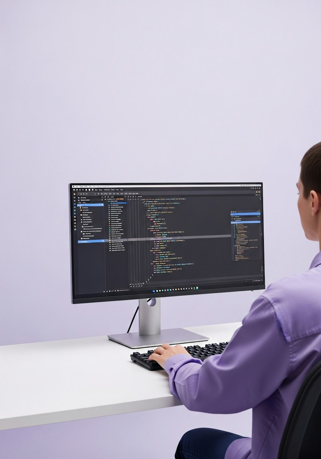 Software developer coding at desktop workstation