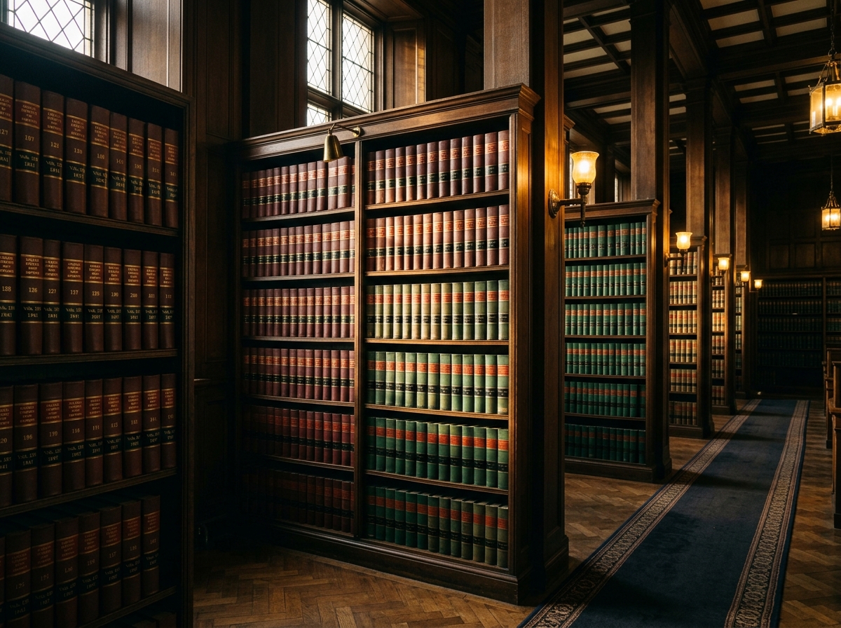 Rows of bound law reports on a library shelf